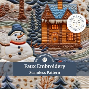 Faux Embroidery Crochet seamless pattern, Christmas seamless file for fabric printing, Christmas landscape, snowman, digital file