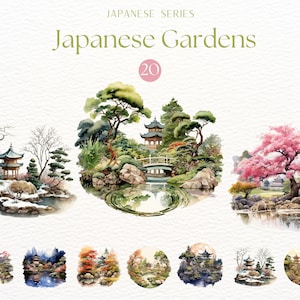 Jardins japonais Clipart, clipart aquarelle paysages japonais, clipart Nature, graphiques botaniques, paysages japonais, sublimation de jardin