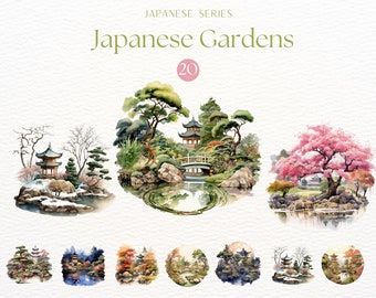 日本の庭園クリップアート8点セット：水彩画風春のアジアアートPNG