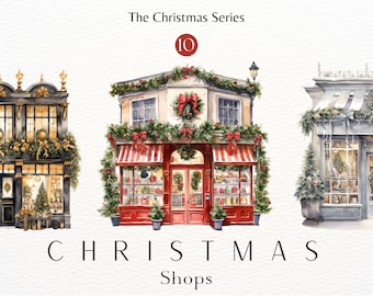 Clipart de Natal em aquarela | Loja de Natal | Janela de vitrine de decoração de Natal | Sublimação de Inverno | Mercado de Natal | Cartão de Natal