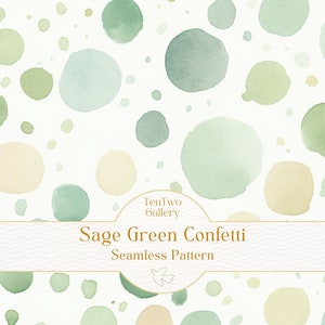 Può includere: Un motivo senza cuciture con coriandoli in stile acquerello nei toni del verde salvia, verde chiaro e giallo pallido su sfondo bianco. Il design include il testo "Sage Green Confetti Seamless Pattern" e il logo TenTwo Gallery.