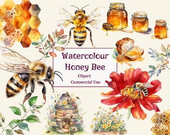 Aquarell Honigbiene Clipart | Frühlingsgarten-Honigbienen-Paket | Honig PNG | Vollständige kommerzielle Nutzung | Sofortiger Download