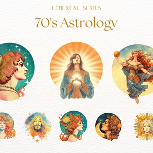 May include: A set of 70's astrology illustrations featuring women with long flowing hair and celestial imagery. The illustrations are in a vintage style with a watercolor effect.