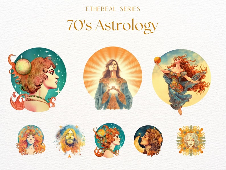 May include: A set of 70's astrology illustrations featuring women with long flowing hair and celestial imagery. The illustrations are in a vintage style with a watercolor effect.