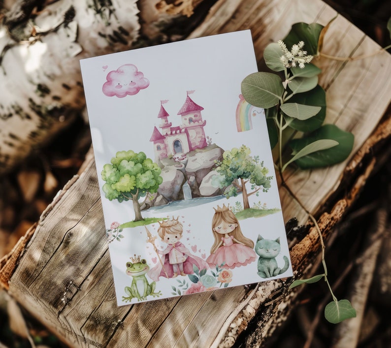 May include: A watercolor illustration of a pink castle with a green tree, a princess in a pink dress, a prince in a blue suit, a frog, and a cat. The illustration is on a white background.
