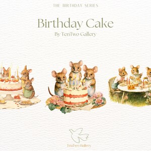May include: A watercolour illustration of a birthday cake with candles, surrounded by mice. The cake is decorated with red icing and white sprinkles. The mice are wearing blue and green aprons and are holding plates and cups. The illustration is titled "Birthday Cake" and is by "TenTwo Gallery".
