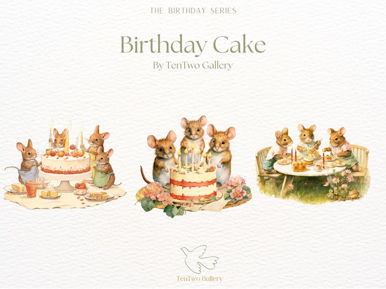 May include: A watercolour illustration of a birthday cake with candles, surrounded by mice. The cake is decorated with red icing and white sprinkles. The mice are wearing blue and green aprons and are holding plates and cups. The illustration is titled "Birthday Cake" and is by "TenTwo Gallery".
