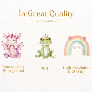 May include: A set of three watercolor illustrations featuring a pink dragon, a green frog wearing a crown, and a rainbow with a smiling face. The illustrations are on a white background and are perfect for adding a whimsical touch to your projects.