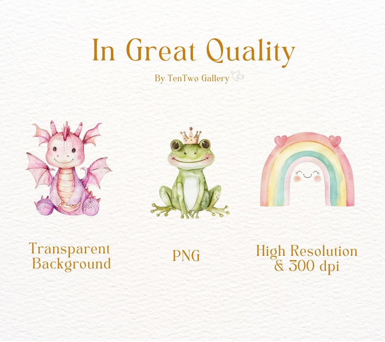 May include: A set of three watercolor illustrations featuring a pink dragon, a green frog wearing a crown, and a rainbow with a smiling face. The illustrations are on a white background and are perfect for adding a whimsical touch to your projects.
