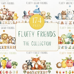 Flauschige Freunde Sammlung, Aquarell Kindergarten Tiere Clipart, Wertpaket, niedliche Gemüse Charaktere, entzückende exotische Tiere, Kinderdekor