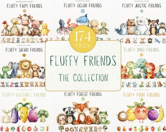 Puede incluir: Una colección de 174 ilustraciones de acuarela de animales y objetos lindos y esponjosos. Las ilustraciones se agrupan en categorías como amigos de la granja, amigos del océano, amigos del ártico, amigos del safari, amigos de los dinosaurios, amigos de las verduras, amigos del bosque y amigos de la fruta.