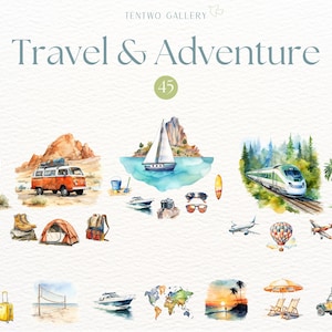 May include: Watercolour illustrations depicting travel and adventure. Images include a camper van, sailboat, train, aeroplane, hot air balloon, and travel accessories. The text "Travel & Adventure" is displayed at the top.