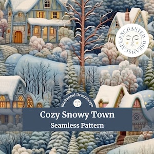 Cozy Snowy Town seamless pattern, Winter landscape seamless file for fabric printing, Christmas pattern, digital download