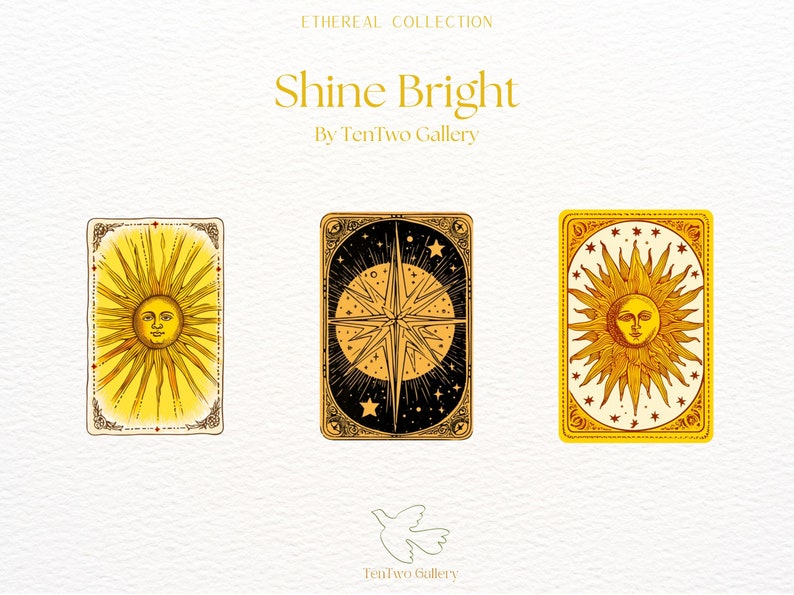May include: Three vintage-style cards with gold and black illustrations of the sun and a star. The cards have a white background and are framed with a gold border. The text "Shine Bright" and "By TenTwo Gallery" is above the cards.