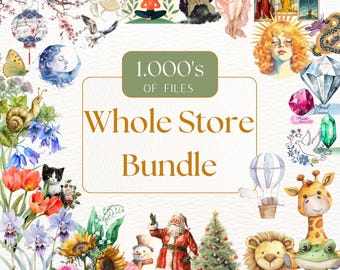 Whole Shop Bundle Clipart & Digitales Papier, Kinderzimmer, Astrologie, Blumen, niedliche Tiere, Saisonal, Vintage, Boho, Nahtlos bedruckbarer Stoff