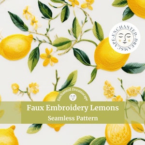 Lemons Faux Embroidery seamless pattern, fruit seamless file for fabric printing, Lemon repeating pattern, Digital fabric, retro cottagecore