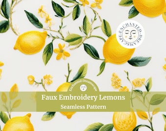 May include: A seamless pattern featuring faux embroidery lemons. The design includes bright yellow lemons, green leaves, and small yellow flowers on a white background. The text "Faux Embroidery Lemons Seamless Pattern" is displayed.