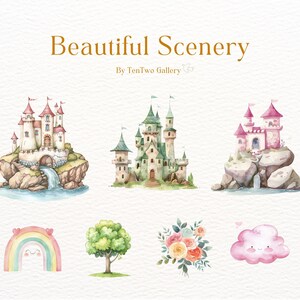 May include: Watercolor illustration of a whimsical fairytale scene with three castles, a rainbow, a cloud, a tree, and a bouquet of flowers. The castles are surrounded by green grass and water. The rainbow is colorful and has a happy face. The cloud is pink and has a happy face. The tree is green and has a brown trunk. The flowers are pink, yellow, and white.