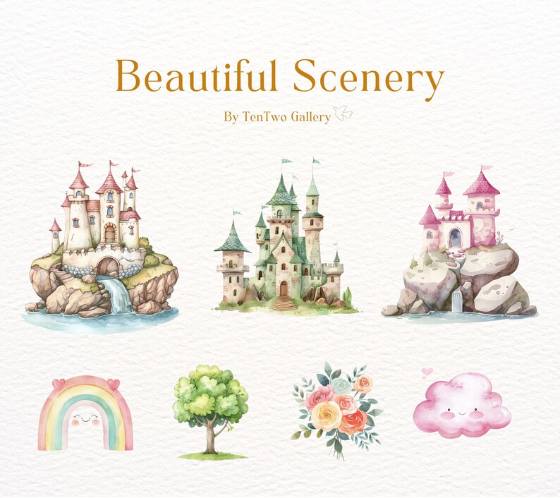 May include: Watercolor illustration of a whimsical fairytale scene with three castles, a rainbow, a cloud, a tree, and a bouquet of flowers. The castles are surrounded by green grass and water. The rainbow is colorful and has a happy face. The cloud is pink and has a happy face. The tree is green and has a brown trunk. The flowers are pink, yellow, and white.