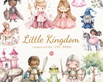 Pink Princess Watercolor Clipart Bundle, Nursery Fairytale Clipart, Little Kingdom, Cute Princess PNG, Dragons, Princes, Unicorns, Castles