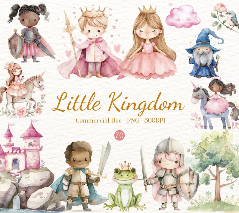 May include: Watercolor illustrations of a fairytale kingdom with a castle, a unicorn, a frog, a knight, a princess, a king, a queen, a wizard, and a cloud. The illustrations are in shades of pink, blue, green, and brown.
