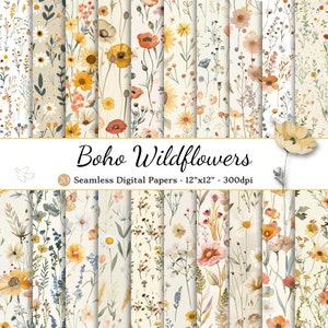 Boho Wildblumen Nahtloses digitales Papier, druckbares Sommerblumen-Sammelalbum-Papier, Blumenhintergründe, kommerzielle Nutzung Frühlingsblumenmuster