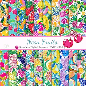 Papel digital sin costuras de frutas de neón, papel de álbum de recortes de frutas de verano imprimible, fondos florales, patrones afrutados preppy de uso comercial