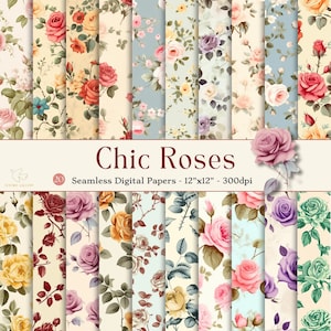 Roses Seamless Digital Paper, Chic & Shabby Roses Printable Floral Scrapbook Paper, Floral Backgrounds, Commercial Use Flower Patterns