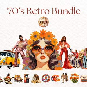 1970&#39;s Retro Clipart, Vintage Groovy Sublimation, Boho Hippie, Flower Power Clipart, Roller Skates, Peace sign, Vinyl, Vintage PNG Bundle,