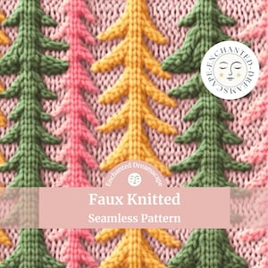 Knitted pine trees texture digital fabric, Faux knit seamless pattern, colorful retro seamless file for fabric printing, Christmas, digital