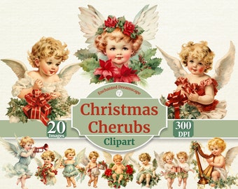 Pacote de clipart de querubins de Natal em aquarela | Sublimação de Anjos de Natal | Uso Comercial | PNG | Natal retrô Clipart