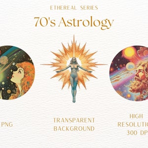May include: Three circular illustrations with a 70's retro aesthetic. The first image shows a woman looking up at a galaxy with planets and stars. The second image shows a woman standing with arms outstretched in front of a sunburst. The third image shows a man with a beard looking up at a galaxy with planets and stars. The text "70's Astrology" is at the top of the image.