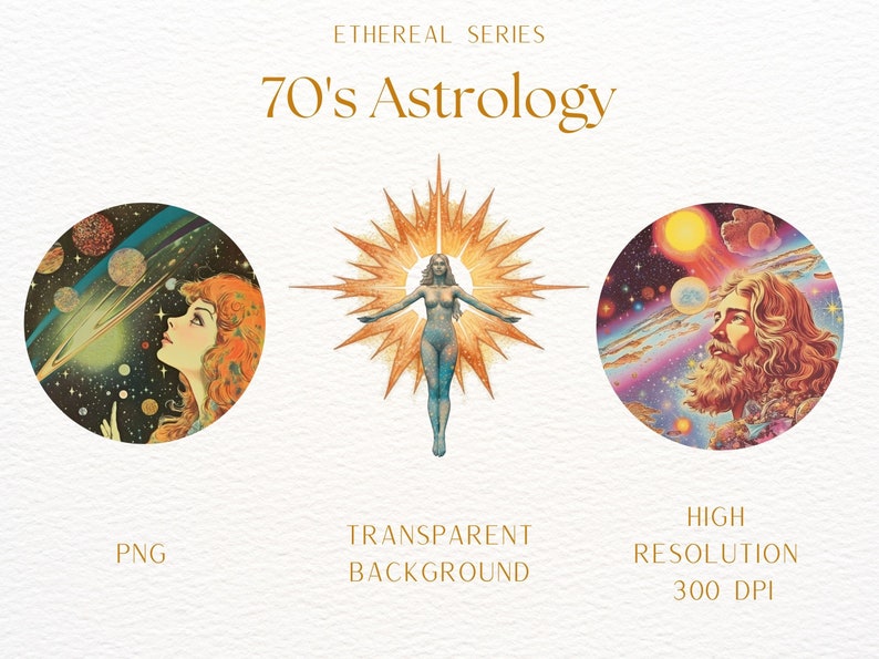 May include: Three circular illustrations with a 70's retro aesthetic. The first image shows a woman looking up at a galaxy with planets and stars. The second image shows a woman standing with arms outstretched in front of a sunburst. The third image shows a man with a beard looking up at a galaxy with planets and stars. The text "70's Astrology" is at the top of the image.