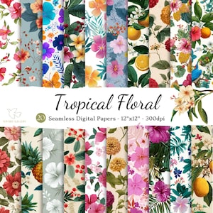 Puede incluir: Una colección de 20 papeles digitales sin costuras con temática floral tropical. Cada papel presenta diseños vibrantes de acuarela de flores, frutas y follaje. Los papeles miden 30,48 cm x 30,48 cm y tienen una resolución de 300 ppp. Se muestra el texto "Tropical Floral".