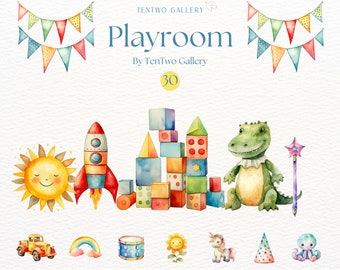Kids Playroom Clipart, Baby Watercolor Nursery Animal Clipart, Kids toys PNG, Newborn Kid Doodle, Baby Shower Clipart, DIY Kids Room Decor