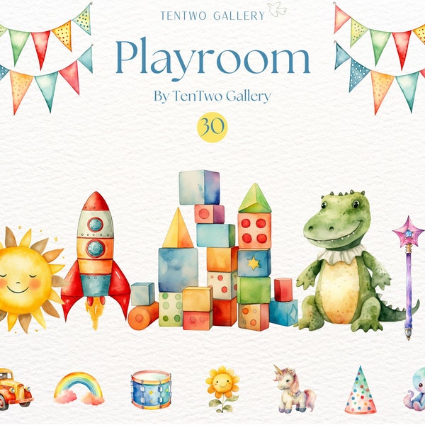 Kids Playroom Clipart, Baby Watercolor Nursery Animal Clipart, Kids toys PNG, Newborn Kid Doodle, Baby Shower Clipart, DIY Kids Room Decor