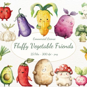 Clipart légume de chambre d'enfant, personnages de légumes aquarelle, graphiques végétariens kawaii, légume mignon PNG, graphiques préscolaire et maternelle