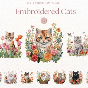 Embroidered Cats Clipart Bundle, Cats with flowers Sublimation, Faux Embroidery, Cute cat Clipart, Cat png, Scrapbooking Cats, Adorable Cat