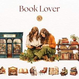 Clipart amante de los libros de acuarela / Sublimación de gusanos de biblioteca / Lectura acogedora png / Clipart de libros vintage / Lectura de libros / Librería / Libro de acuarela