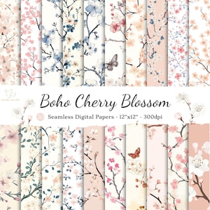 Papel digital sin costuras con diseño de flor de cerezo bohemio, papel imprimible para álbumes de recortes con flores de verano, fondos florales japoneses, patrones de flores de primavera