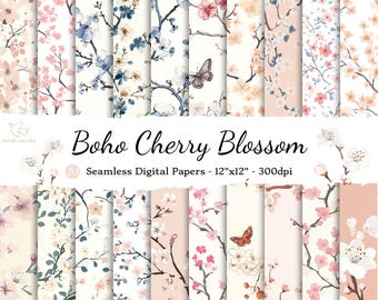 Boho Kirschblüte Nahtloses digitales Papier, druckbares Sommer Blumen Scrapbook Papier, japanische Blumenhintergründe, Frühlingsblumenmuster