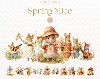 Watercolor Spring Mice Clipart, Cute Mice Clipart, Spring Sublimation, Adorable Mouse Illustrations, Vintage Mouse PNG, Springtime Animals
