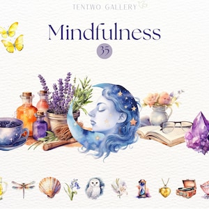 Imágenes Prediseñadas de atención plena, gráficos de acuarela serenos, diario de cuidado personal, imágenes prediseñadas de rituales, diario de sueños PNG, salud mental, meditación, yoga