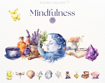 Mindfulness Clipart, Serene Watercolor Graphics, Self Care Journal, Rituals Clipart, Dream Journal PNG, Mental Health, Meditation, Yoga