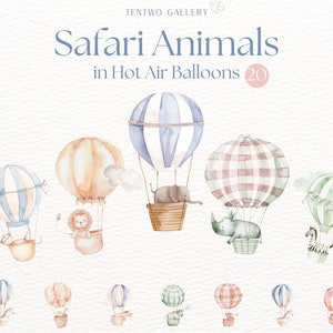 Clipart de animais em balões de ar quente, animais fofos de safari em aquarela, gráficos de animais de berçário, decoração de quarto infantil PNG, sublimação de chá de bebê