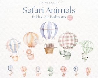 Animals in Hot Air Balloons Clipart, Cute Watercolor Safari Animals, Nursery Animal Graphics, Kids Room Decor PNG, Baby Shower Sublimation