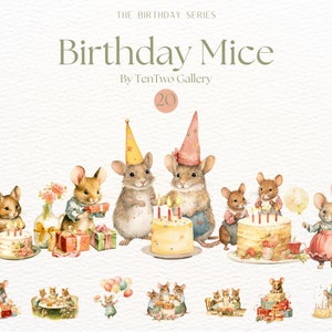 Geburtstagsmäuse Clipart, Feiergrafiken, süße Mäuse Clipart, Geburtstagsparty Sublimation, entzückende Maus Illustrationen, Vintage Maus PNG