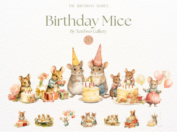 Birthday Mice Clipart, Celebration Graphics, Cute Mice Clipart, Birthday Party Sublimation, Adorable Mouse Illustrations, Vintage Mouse PNG