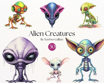Alien Creatures Clipart | Space Aliens Clipart | Alien PNG | Outer Space Creatures | Alien Sublimation | Junk Journal | Extraterrestrial |