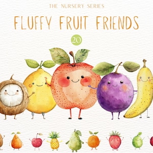 Clipart fruits de chambre d'enfant, personnages de fruits aquarelle, clipart d'aliments sains, fruits mignons PNG, graphiques préscolaire et maternelle, art de la chambre d'enfant